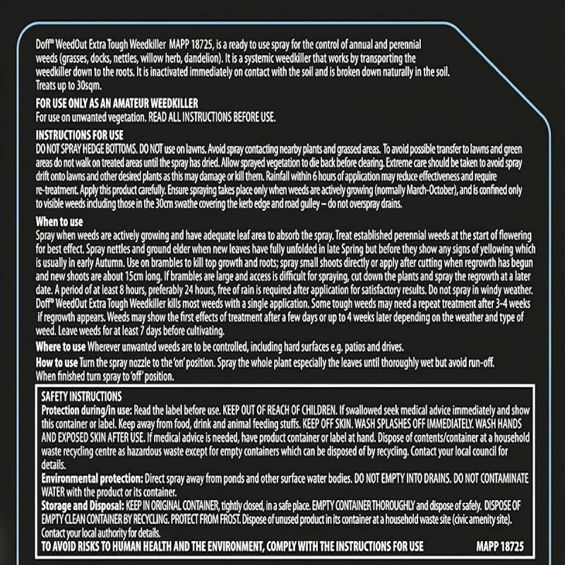 Doff Weedout Extra Tough Weedkiller RTU Spray Weed Killer 1 Litre F-FQ-A00-DOF 5 Doff Weedout Extra Tough Weedkiller RTU Spray Weed Killer 1 Litre F-FQ-A00-DOF - Image 3