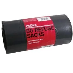 Prodec Refuse Sacks Leak Resistant Black Rubbish Bags 50 Pack FFJRS50 -CLEANING PRODUCTS Shop prodec black rubble sacks heavy duty bags 50 pack ffjrs50 packaging 800x800 1